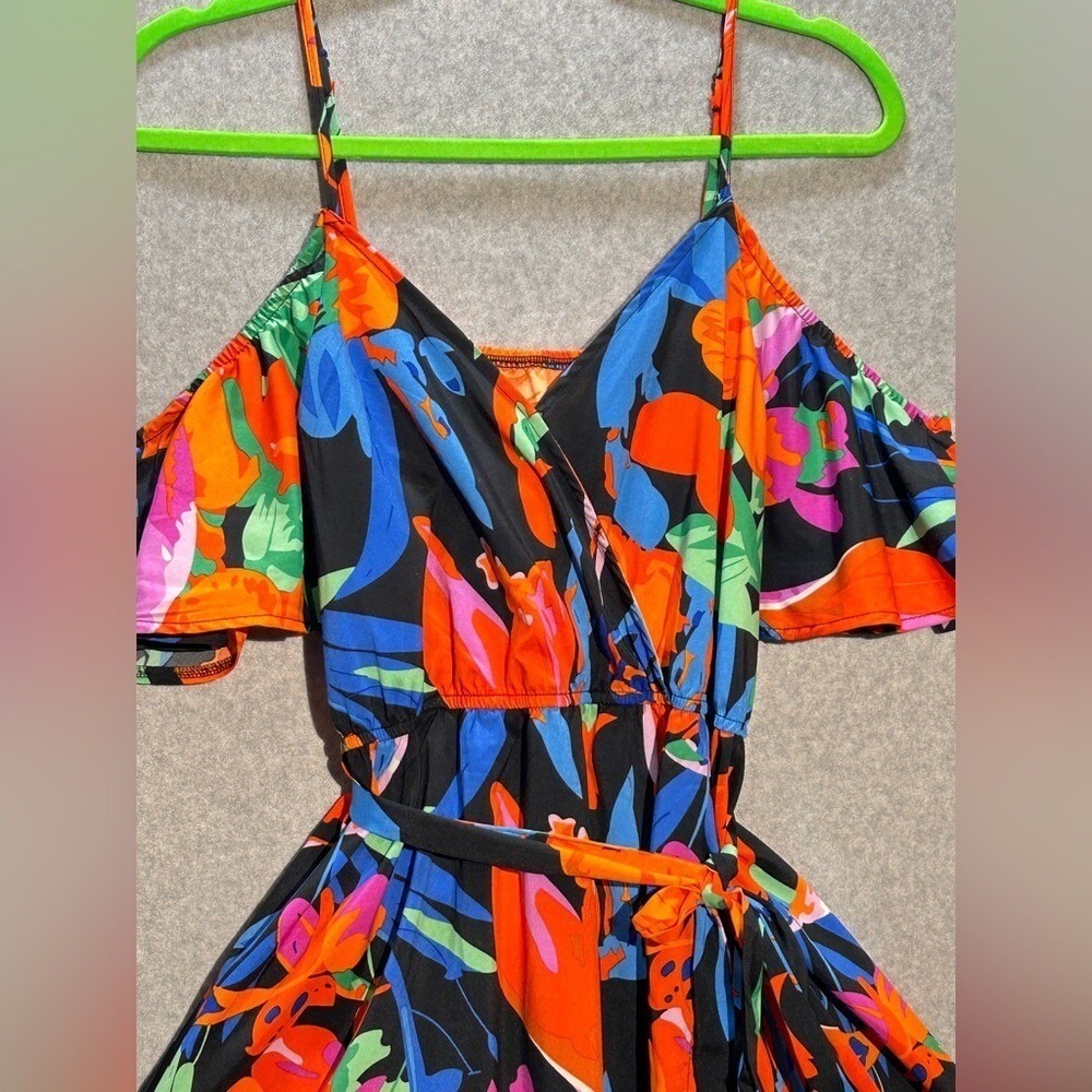 Tropical Floral Cold Shoulder Maxi Dress Belted Slit LARGE summer spring - Picture 7 of 9